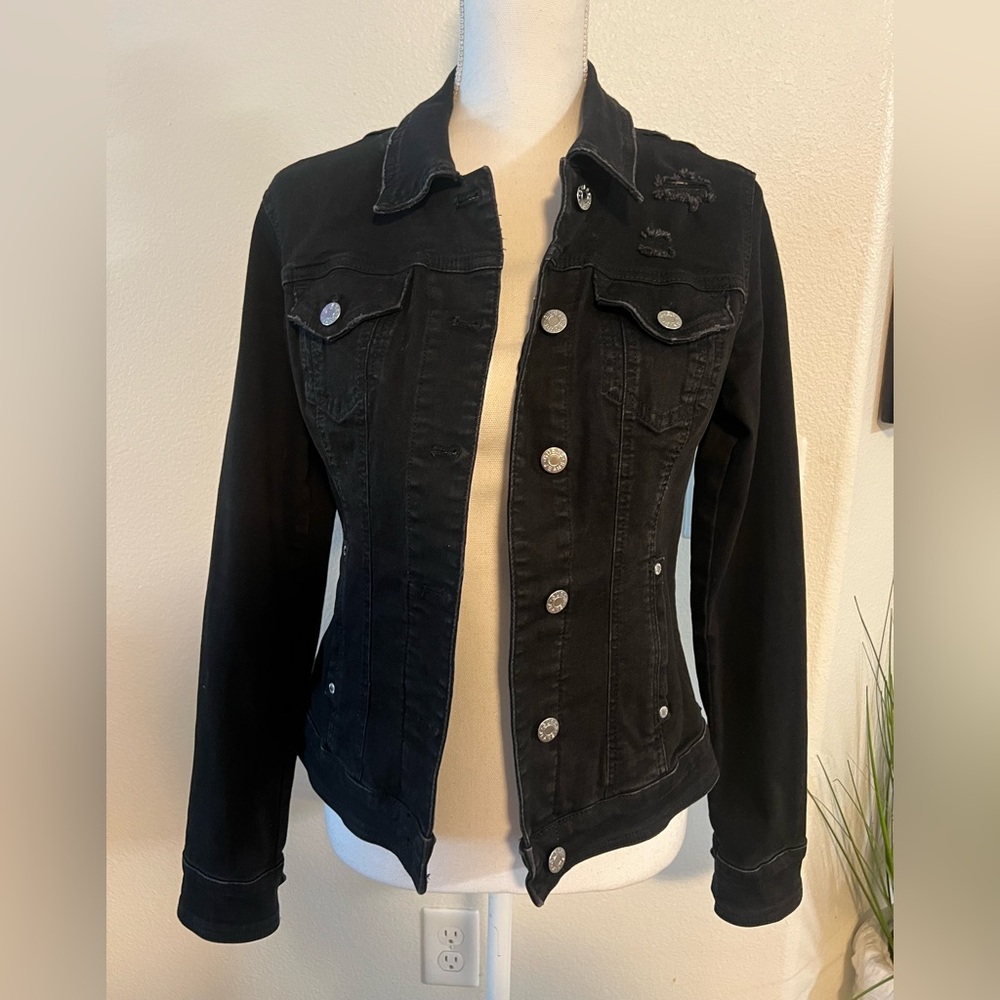 Guess Black Jean Jacket Fitted Tailored Silhouette